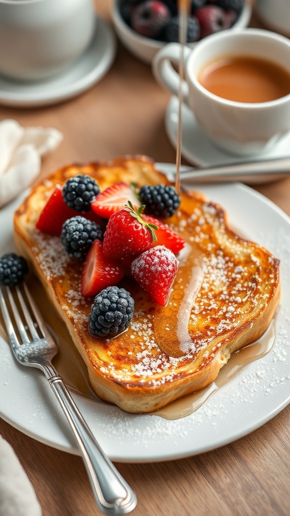 Classic French Toast Recipe Golden-brown French toast with berries and maple syrup on a breakfast table.